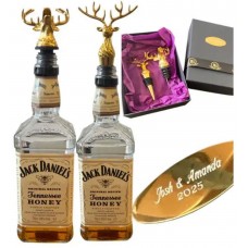 Personalised Stag Head Gold Bottle Stopper and Pourer Set With Plaque